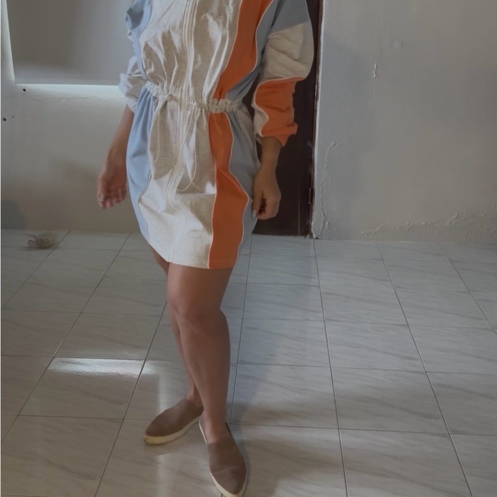 Colorblock Hooded Zip Tunic — Light Gray, Dusty Blue & Rust
